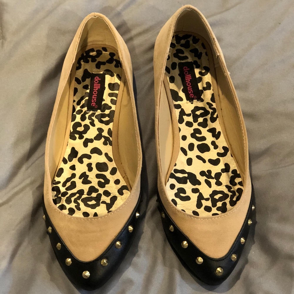 Tan and black studded flats